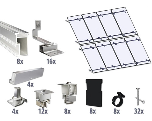 GEMS Montageset voor 8 modules (4x2) op schuin dak/ pannendak incl. 8x montagerail 2400 mm Solar bevestigingssysteem met rails, haken, klemmen en schroeven voor de montage van zonnepanelen