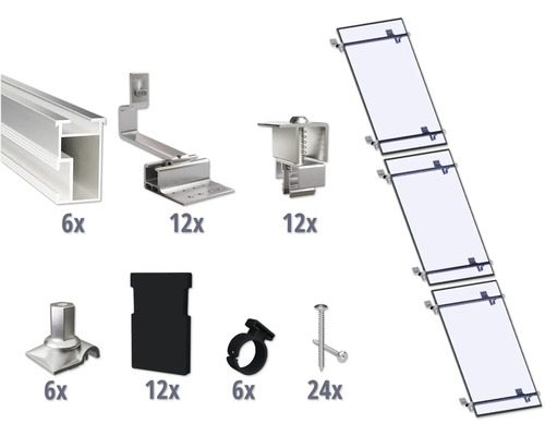 GEMS Montageset voor 3 modules (1x3) op schuin dak/ pannendak incl. 6x montagerail 1200 mm Complete set voor de montage van zonnepanelen op daken