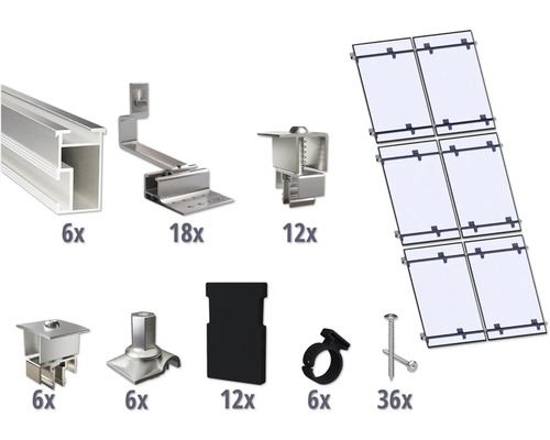 GEMS Montageset voor 6 modules (2x3) op schuin dak/ pannendak incl. 4x montagerail 2400 mm Compleet set voor zonnepaneelsysteem met montageprofielen, dakhaken, moduleklemmen en verbindingselementen