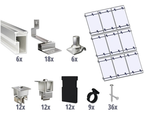 GEMS Montageset voor 9 modules (3x3) op schuin dak/ pannendak incl. 6x montagerail 3650 mm Componenten voor de installatie van zonnepanelen.