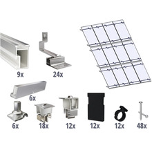 Zonnepaneel montageset met verschillende componenten en accessoires