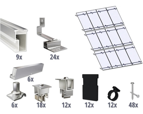 GEMS Montageset voor 12 modules (4x3) op schuin dak/ pannendak incl. 9x montagerail 3650 mm Zonnepaneel montageset met verschillende componenten en accessoires