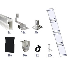 Montageset voor zonnepanelen met profielrails, dakhaken, module-eindklemmen, middenklemmen, dakdoorvoeren, kabelclips, schroeven en blinde stoppen