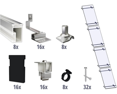 GEMS Montageset voor 4 modules (1x4) op schuin dak/ pannendak incl. 8x montagerail 1200 mm Montageset voor zonnepanelen met profielrails, dakhaken, module-eindklemmen, middenklemmen, dakdoorvoeren, kabelclips, schroeven en blinde stoppen