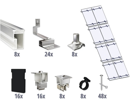 GEMS Montageset voor 8 modules (2x4) op schuin dak/ pannendak incl. 8x montagerail 2400 mm Componenten voor de montage van zonnepanelen op een dak, waaronder rails, haken en bevestigingen.
