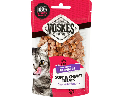 VOSKES Kattensnack hartjes eendenfilet 60 g Voskes kattensnacks met eendenfilethartjes in verpakking