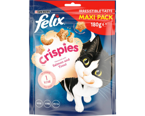 FELIX Kattensnack crispies zalm & forel maxipack 180 g Felix crispies kattensnack met zalm en forel in een 180 gram maxi-verpakking