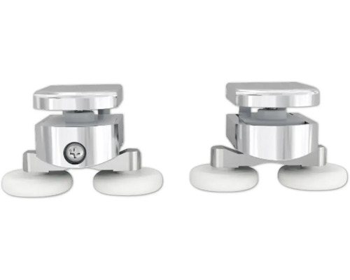 Twee douchecabinerollen van metaal met schroef en wit wieltje