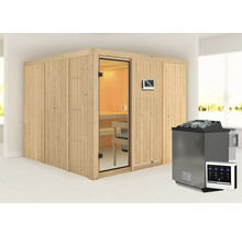 Houten sauna met glazen deur en saunakachel met stenen