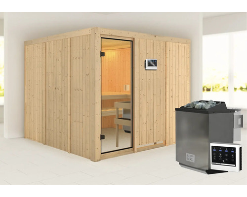 Houten sauna met glazen deur en saunakachel met stenen
