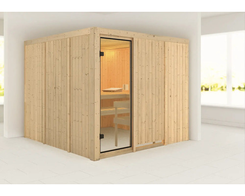 Sauna met glazen deur en houten bekleding