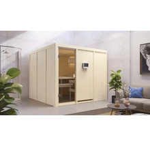 Interieur van een houten sauna met glazen deur en bedieningselement