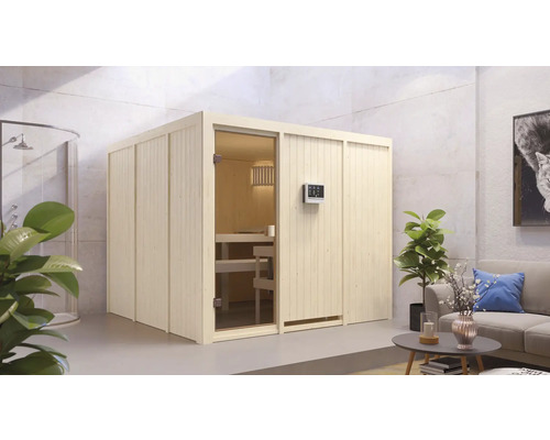 Interieur van een houten sauna met glazen deur en bedieningselement