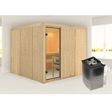 Sauna met glazen deur en saunaoven in de kamer