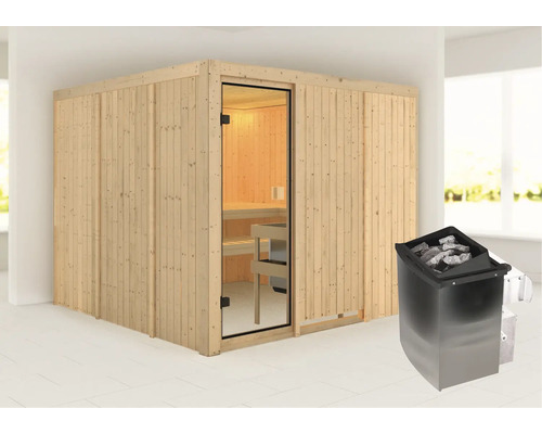 Sauna met glazen deur en saunaoven in de kamer