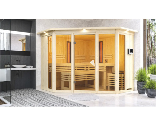 Hoeksauna met houten banken en infraroodstralers in de badkamer