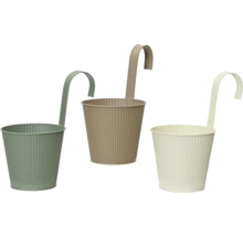 Drie metalen bloempotten met haak om op te hangen