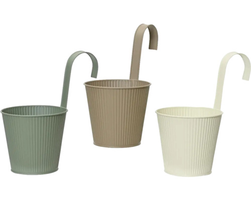 Drie metalen bloempotten met haak om op te hangen