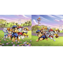 Illustratie van Paw Patrol voor een landschap met brug en verkeerstoren