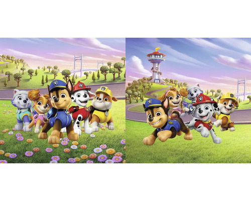 Illustratie van Paw Patrol voor een landschap met brug en verkeerstoren