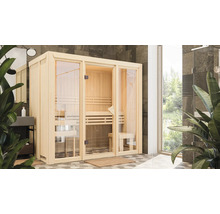 Interieurweergave van een houten sauna met glazen deur in een badkamer