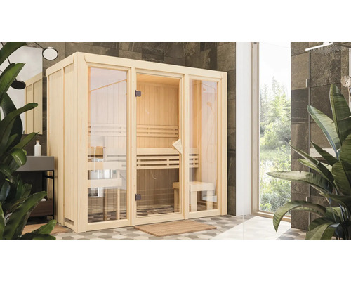 Interieurweergave van een houten sauna met glazen deur in een badkamer