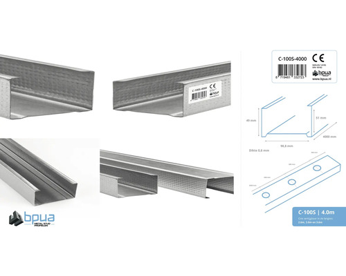 Metalen C-profiel voor gipsplaatconstructie met afmetingen en BPua Logo