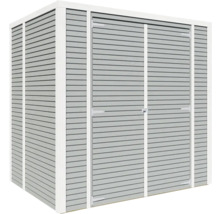 Metalen tuinhuis met dubbele deur en horizontale lambrisering.