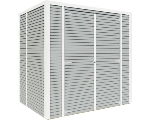 Metalen tuinhuis met dubbele deur en horizontale lambrisering.