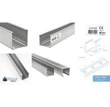 Meerdere aanzichten van een metalen C-profiel, 260 centimeter lang, met technische tekeningen.