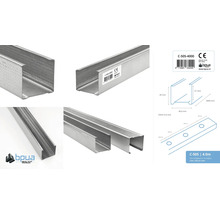 Meerdere aanzichten van een C-profiel voor gipskartonwanden, inclusief Bpua logo en schematische tekening met afmetingen.