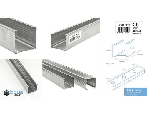 Meerdere aanzichten van een C-profiel voor gipskartonwanden, inclusief Bpua logo en schematische tekening met afmetingen.