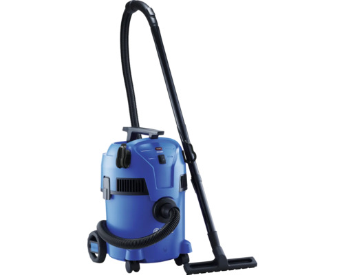 Blauwe nat- en droogzuiger met wielen en slang