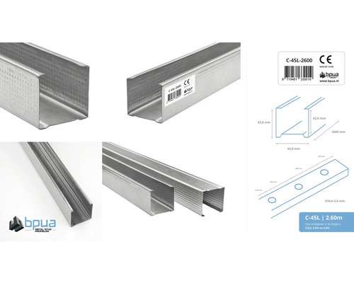 Metalen staanderprofiel C-45L, 2,6 meter lengte