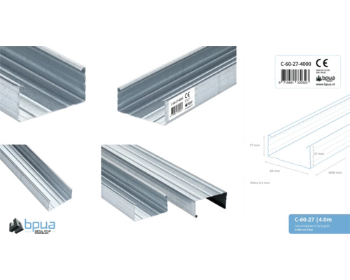 Meerdere aanzichten van een metalen C-profiel voor droogbouw met afmetingen 60 bij 27 millimeter en een lengte van vier meter.