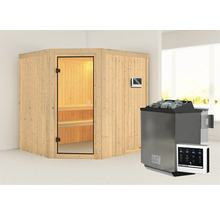 Houten sauna met glazen deur, bedieningselement en saunakachel