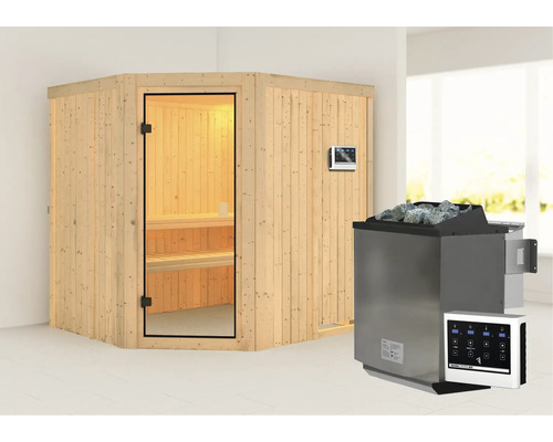 Houten sauna met glazen deur, bedieningselement en saunakachel