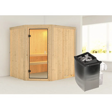 Houten hoeksauna met glazen deur en saunakachel