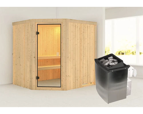 Houten hoeksauna met glazen deur en saunakachel