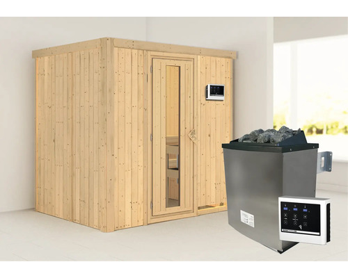 Sauna met kachel, stenen en bedieningspaneel