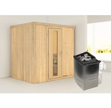 Houten sauna met glazen deur en saunakachel