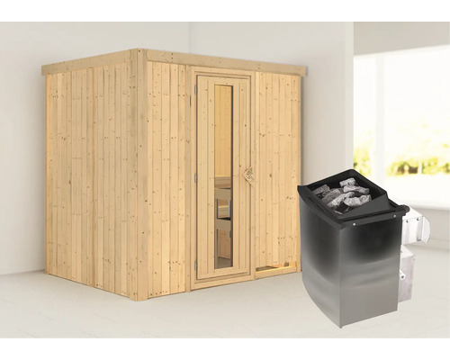 Houten sauna met glazen deur en saunakachel