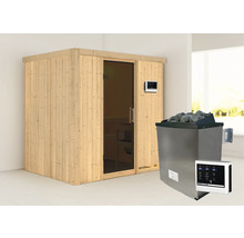 Houten sauna met glazen deur, saunakachel en bediening