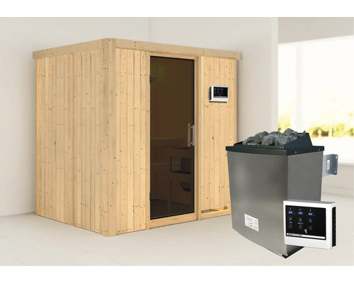 Houten sauna met glazen deur, saunakachel en bediening