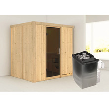 Houten sauna met glazen deur en saunakachel