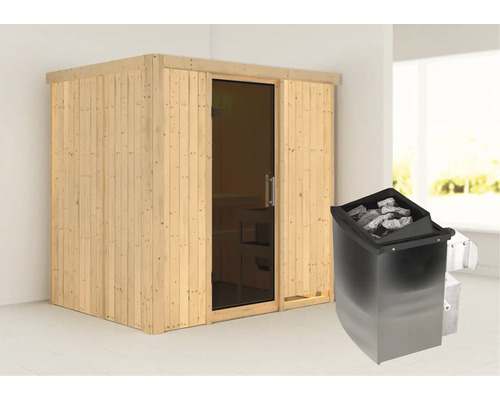 Houten sauna met glazen deur en saunakachel