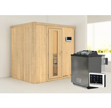 Houten sauna met saunakachel en bedieningselementen
