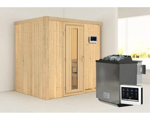Houten sauna met saunakachel en bedieningselementen