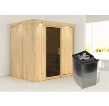 Houten sauna met glazen deur en saunakachel