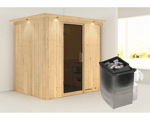 Houten sauna met glazen deur en saunakachel